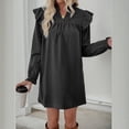 thumbnail image 3 of Solid color ruffled long-sleeved loose stand-collar dress for women, 3 of 5