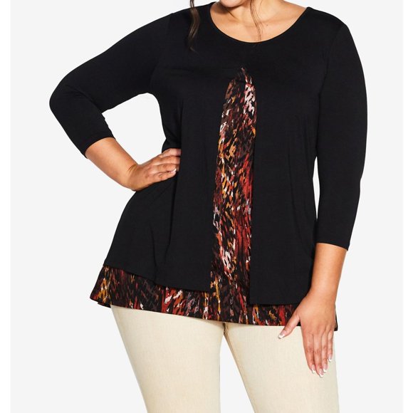 avenue Womens Layered Print Top Tunic Blouse, Black, Plus Size, 22W