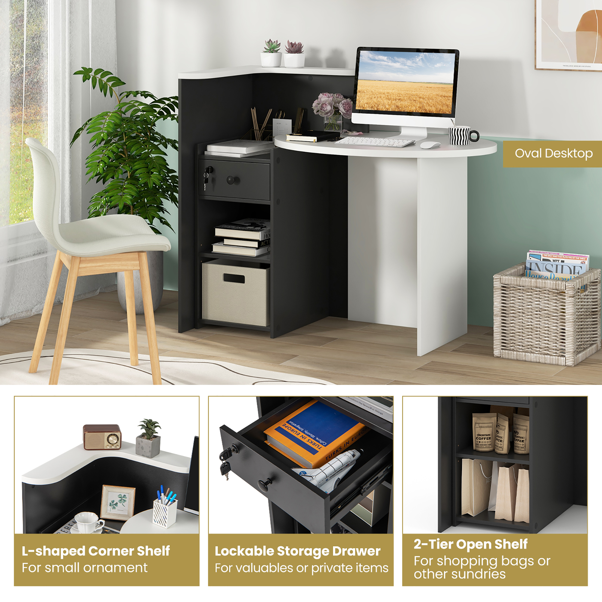 Gymax Front Reception Counter Desk Checkout Office Desk w/ Open Shelf & Lockable Drawer