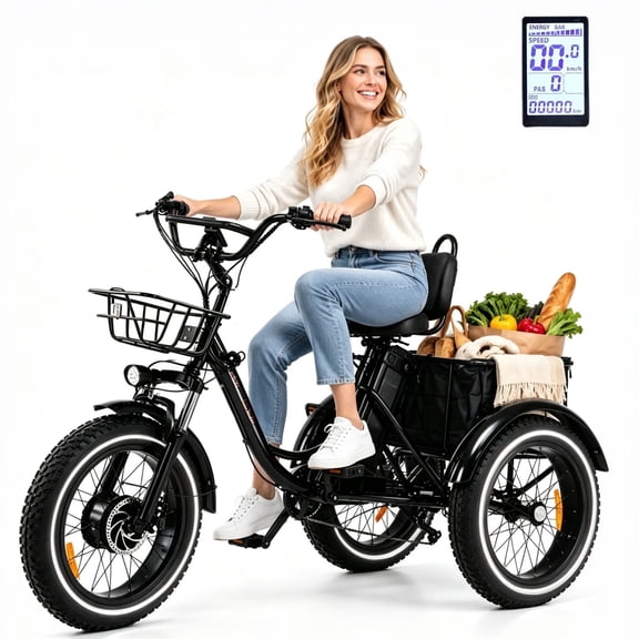 MENGFANMIN Electric Tricycle for Adults,7-Speed,20”x4.0”Fat Tire Electric Trike,3 Wheel Ebike 48V15AH Li-Battery,500w Motor,with Rear Basket,Black