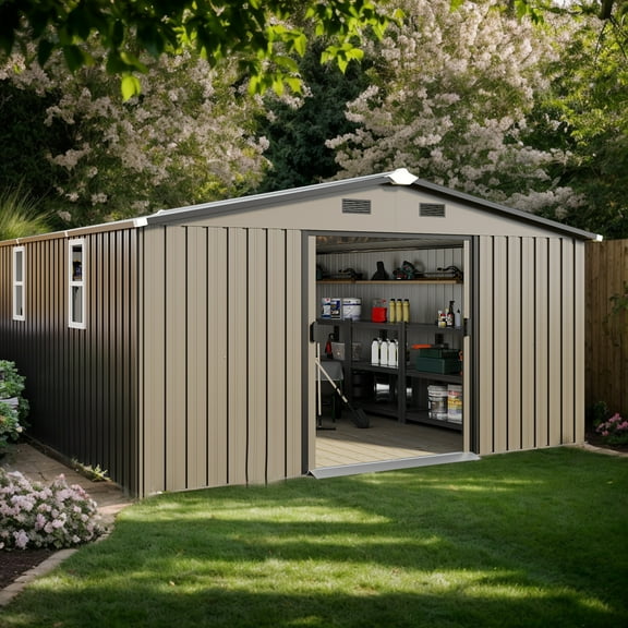 Campcraft 10x12ft Outdoor Storage Shed - 0.25mm Steel Utility Building with 2 Windows, Protective Film, 876 Cu.Ft Capacity - Ideal for Garden/Yard/Workshop (Brown)