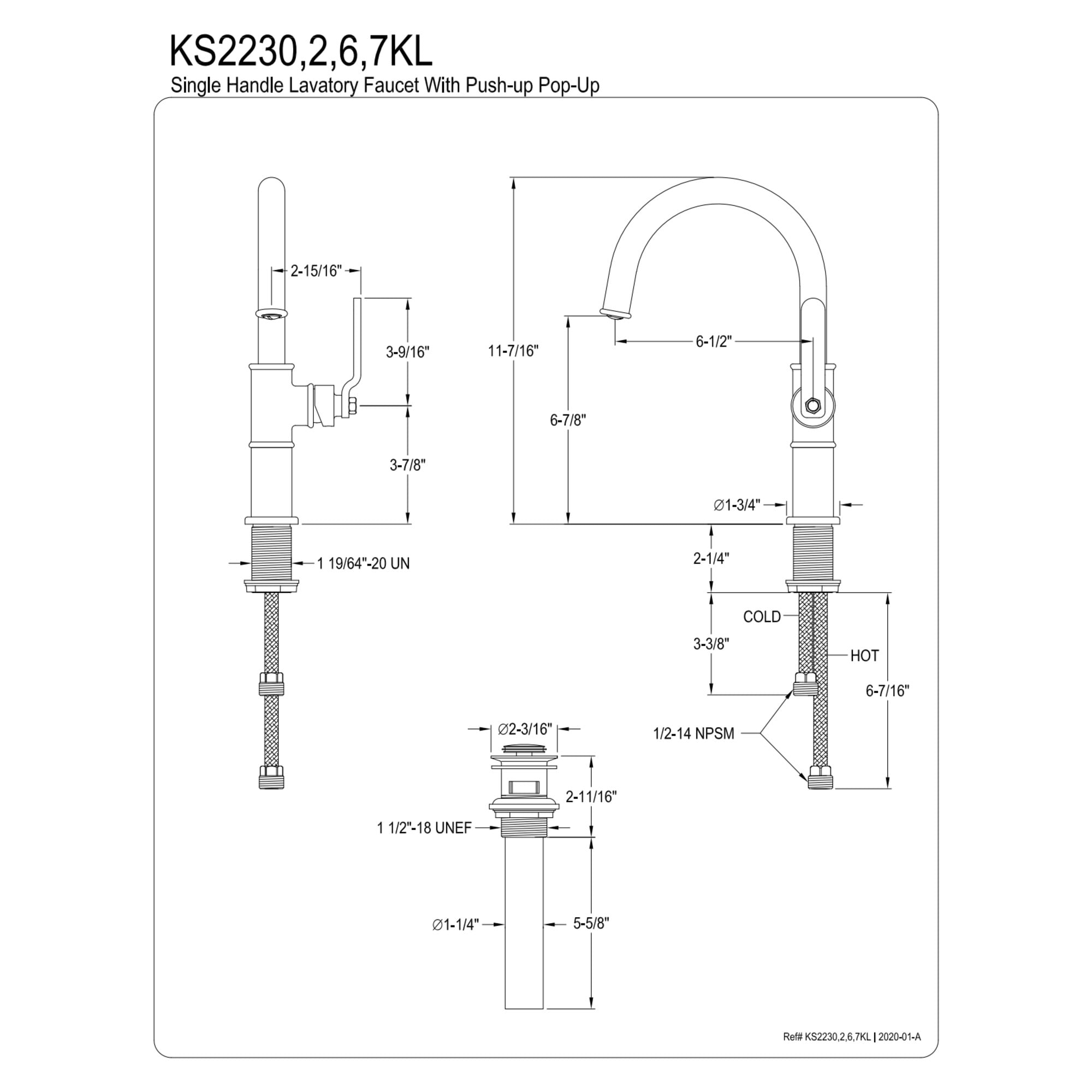 Kingston Brass KS2237KL Whitaker One-Handle Single-Hole Bathroom Faucet with Push Pop-Up Drain, Matte Black/Rose Gold