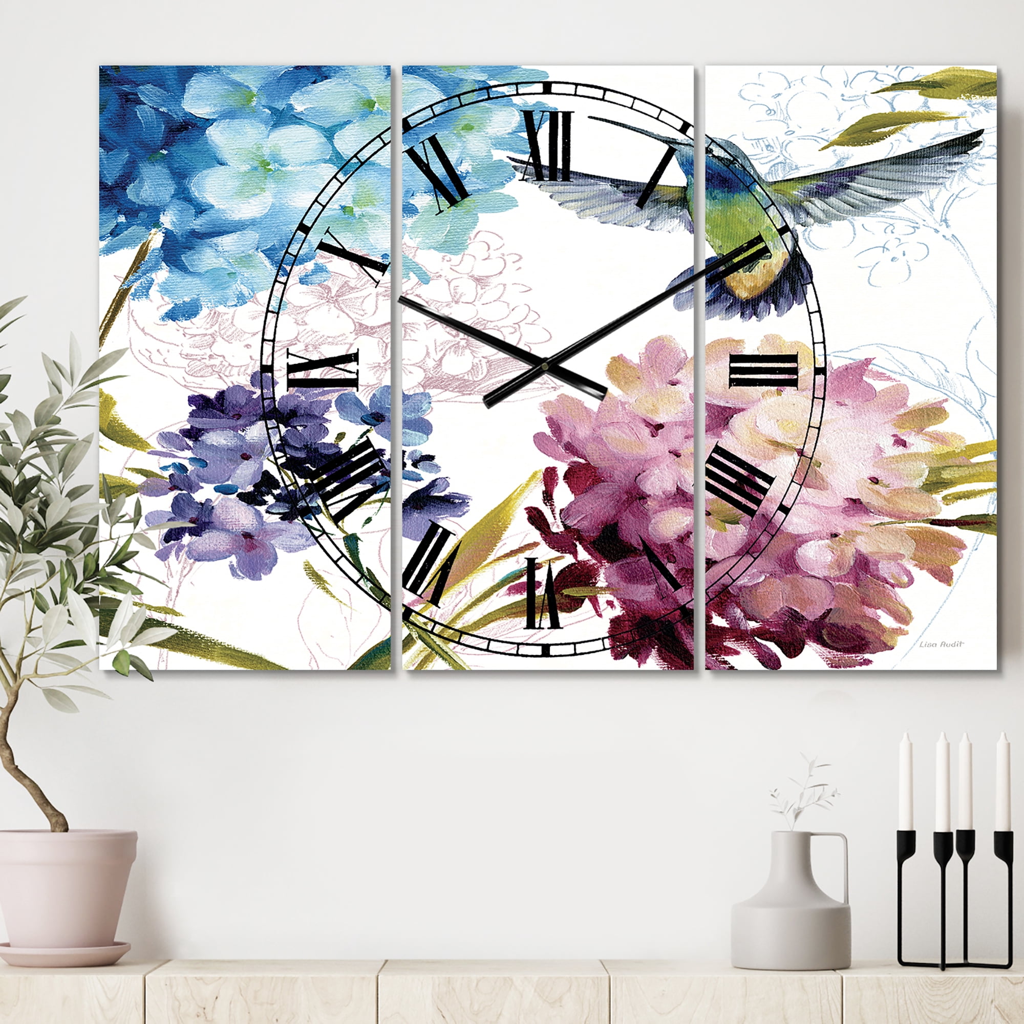 Designart 'Humming bird Blue Cottage Flower' Farmhouse wall clock