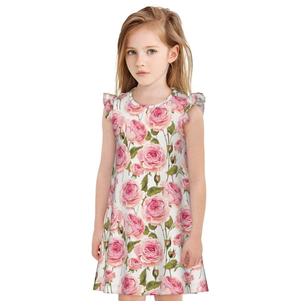 Fotbe Rose Flowers Vestido de Dormir para Niñas de 3 a 10 Años, Mangas Cortas, Estilo Princesa, Pijama Camisón con Mangas Voladas-XX-Large