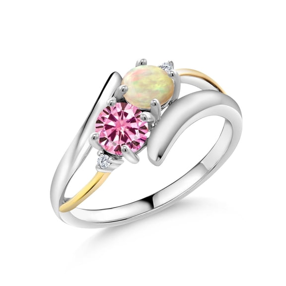 Gem Stone King 925 Silver and 10K Yellow Gold Ring Round/Cabochon White Ethiopian Opal and Pink Moissanite (0.82 Cttw, Size 6)