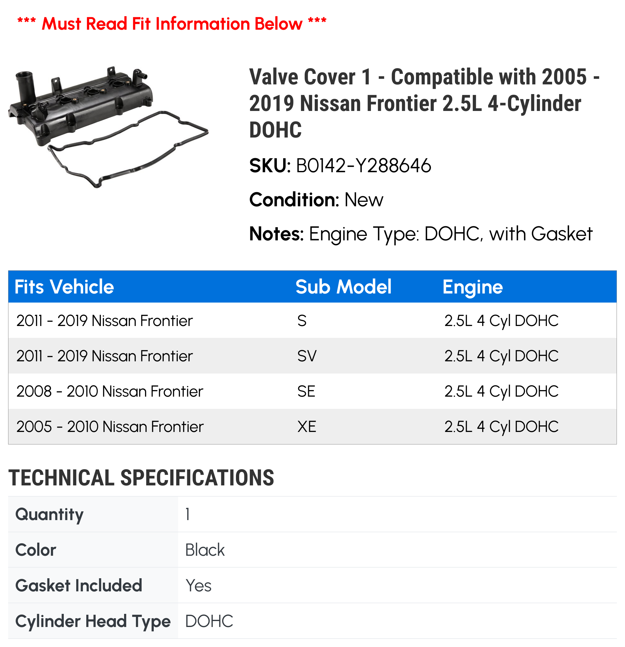 Valve Cover 1 - Compatible with 2005 - 2019 Nissan Frontier 2.5L 4-Cylinder DOHC - Autopart Premium