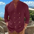thumbnail image 3 of IYTR Mens Double Breasted Cotton Linen Long Sleeve Shirts Stand-up Collar Loose Vacation Casual Blouses (Wine,XL), 3 of 9