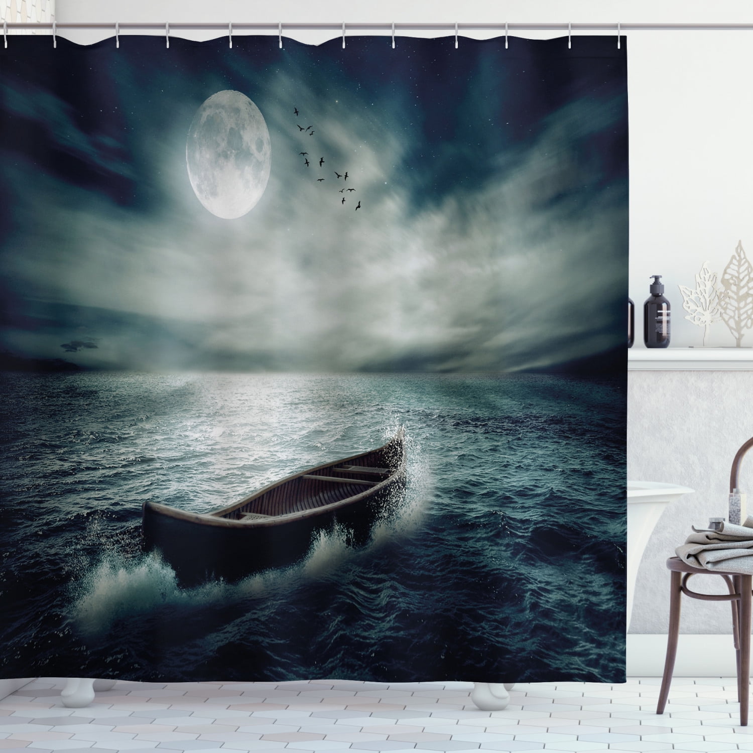 Fishing Shower Curtain, Boat Drifting in Ocean Full Moon Dramatic Night