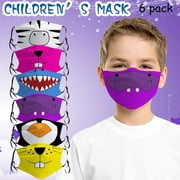 ESULOMP Kids Face Covering,6Pack Cartoon Adjustable Filter Safet Protect Cotton Face Mask for Children Boys Girls