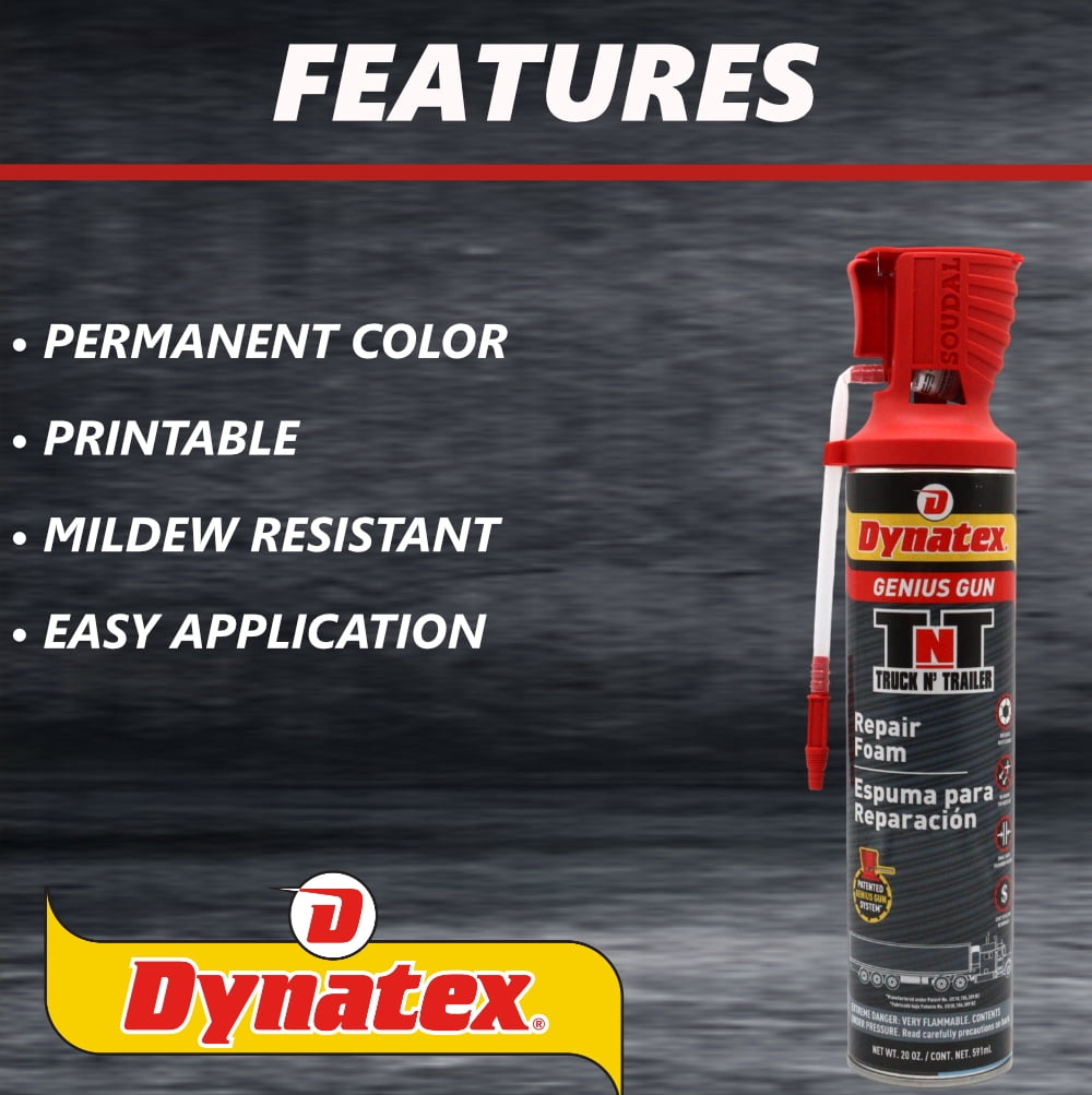 Dynatex Truck N Trailer Repair Foam 20 oz Can w/ Genius Gun - Low Pressure Expansion, Sound & Thermal Insulation, Reusable Up to 6 Weeks (Single)