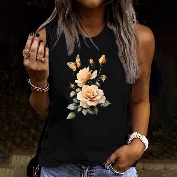 Gamivast Boho Vintage Rose Floral for Women Tank Top Classic Butterfly Graphic Sleeveless Crewneck Casual Relaxed Fit Spring Summer Everyday Basic Shirts Tops