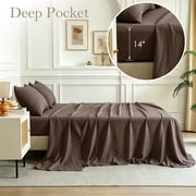 Jessy Home Bed Sheets Set 4 Piece Queen/Full Sheet Set Brown Gray Cotton Blend Fitted Sheet, Flat Sheet & 2 Pillowcases Bedding Set