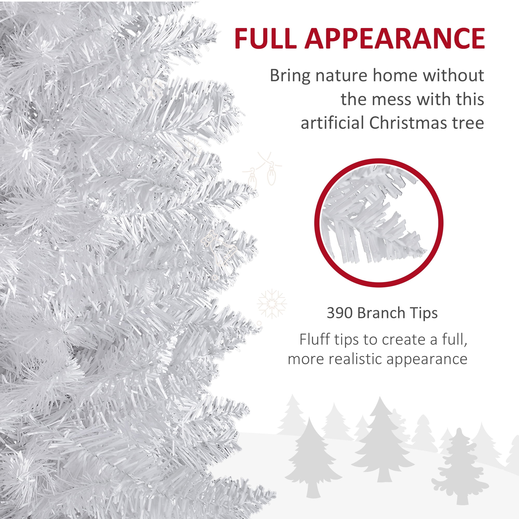 HOMCOM Unlit Slim Noble Fir Hinged Artificial Christmas Tree with Realistic Plastic Branches and 390 Tips, 6' Tall, White