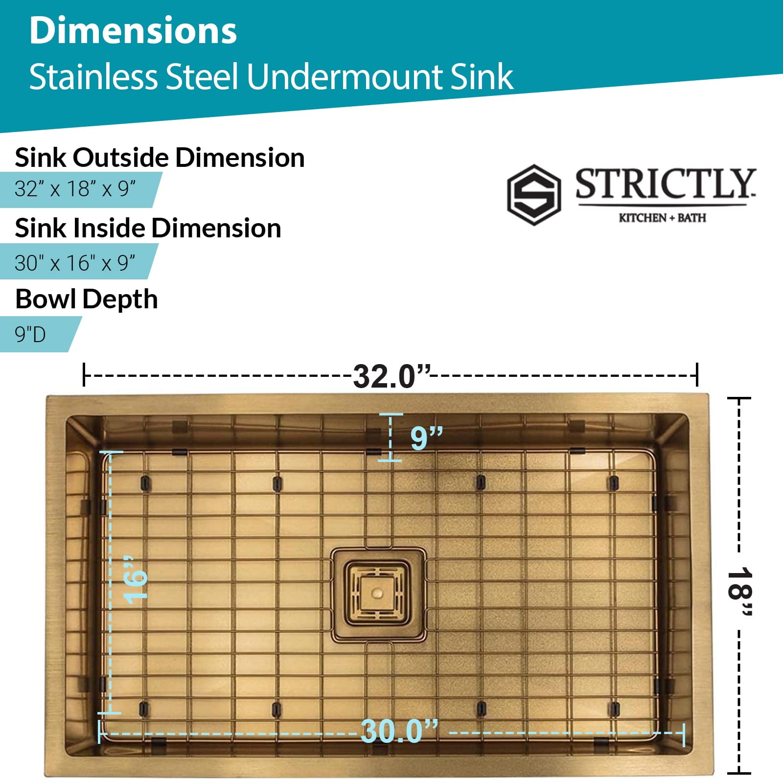 Strictly Sinks 32 Inch Undermount Single Bowl Kitchen Sink – Sink with Bottom Grid & Drain – Gold
