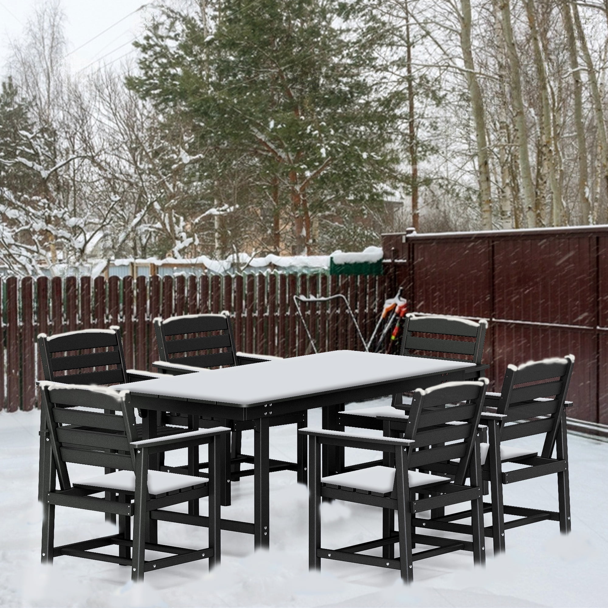 FOOWIN 7-Piece Patio Dining Set, HDPE All-Weather Outdoor Furniture with 6 Chairs and 1 Table, Black