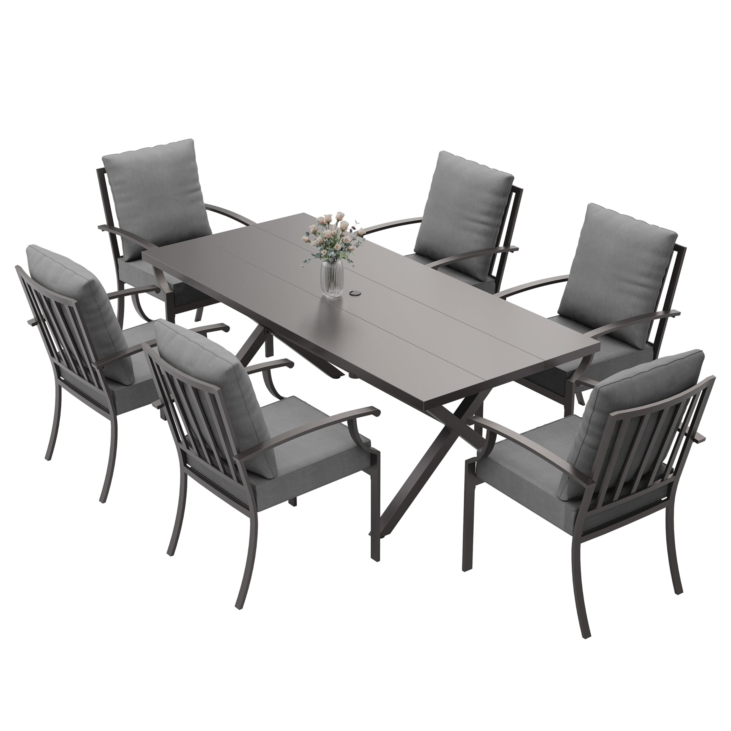 ALAULM 7-Piece Patio Dining Table and Chairs Outdoor Dining Set for 6 Patio Dining Sets with Rectangular Metal Table with Umbrella Hole for Patio, Backyard, Garden-Grey