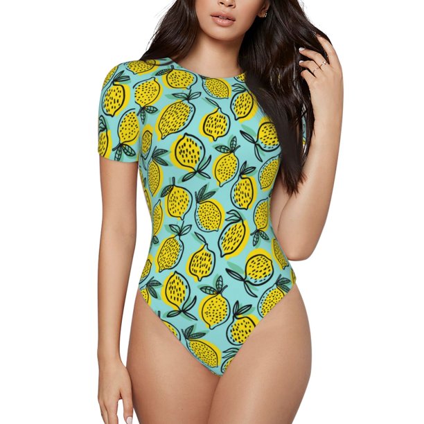 Balery Lemon1 Body de cuello redondo de manga corta para mujer Tops de manga corta Tops básicos-Large