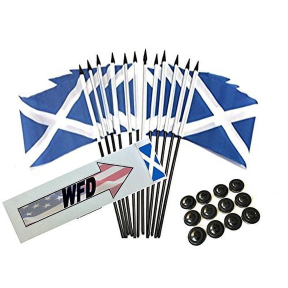 Box of 12 Scotland Cross 4"x6" Polyester Miniature Desk & Little Table Flags, 4x6 Scottish Cross Small Mini Hand Waving Stick Flags with 12 Flag Bases (Stands)