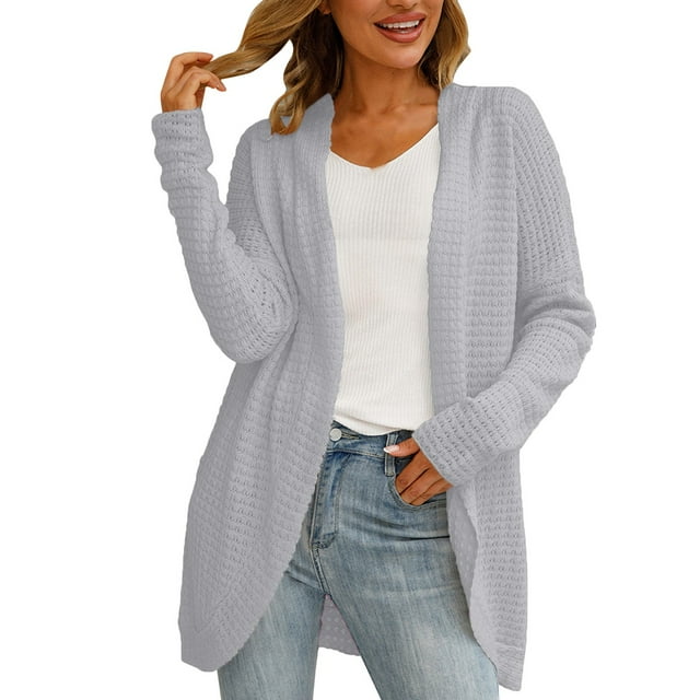 Manteau d'Hiver Automne pour Femmes Cardigan Tricoté Mode Mi-Longueur Manteau Extérieur Solide Chaud Trench Col Rond Tricoté Ample Ouvert devant Manteau