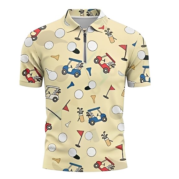 Mens Short Sleeve Polo Shirts Casual Collared T-Shirt Cartoon Pattern Full Printing Shirt with Stylish Zip Front Shirt