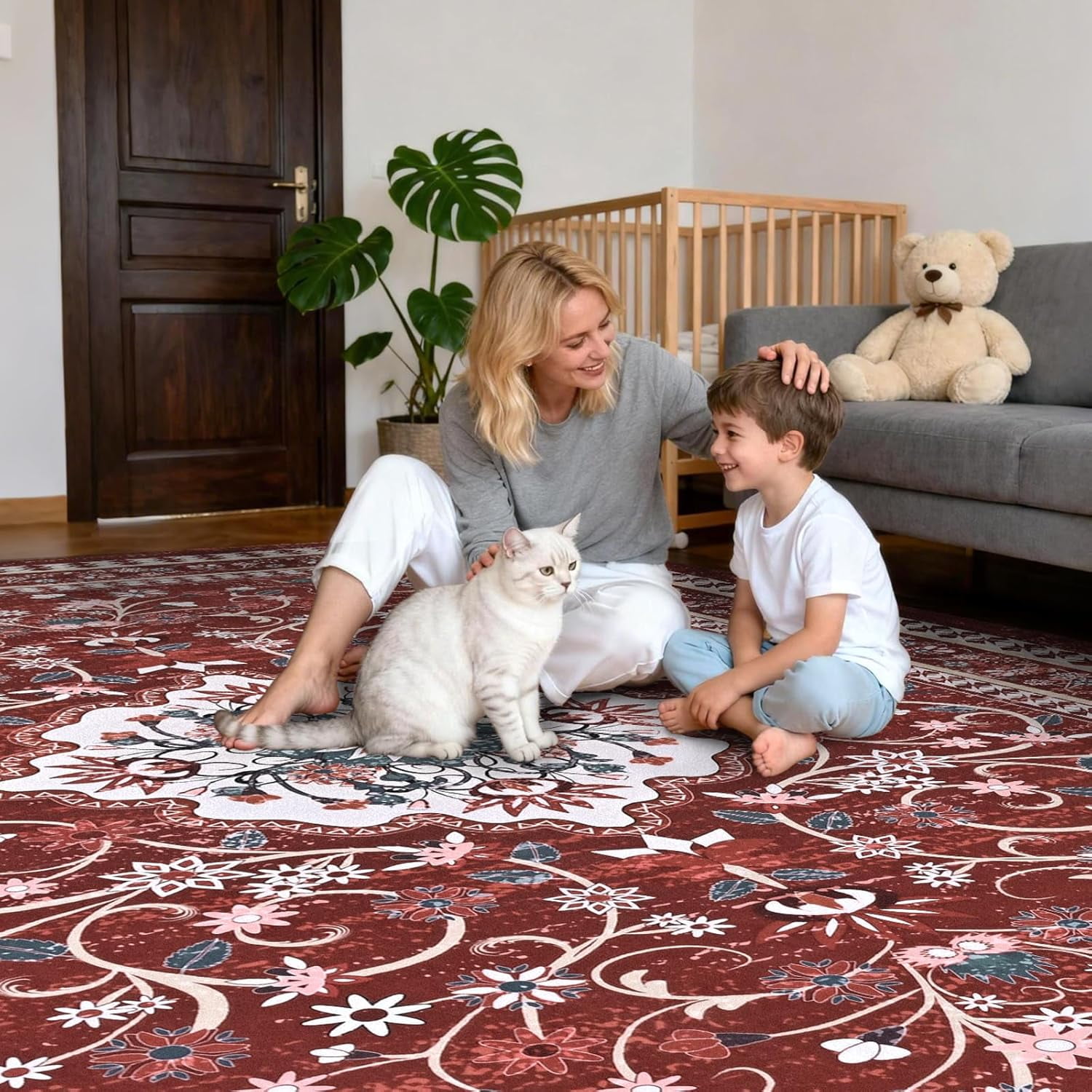Bleum Cade 8'x10' Area Rugs for Living Room, Washable Rugs Vintage Rugs for Bedroom Dinning Room,Boho Floral Rug Ultra Soft Non Slip Durable Large Carpet Home Decor, Red