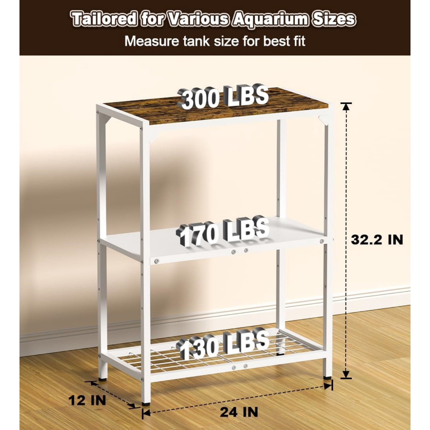 20 Gallon Aquarium Stand, Fish Tank Stand with Adjustable 3-Tier Storage Shelf, Heavy Duty Reptile Breeder Turtle Tank Terrarium Rack Table for Home Office, 24" L x 12" W x 32.2" H, White