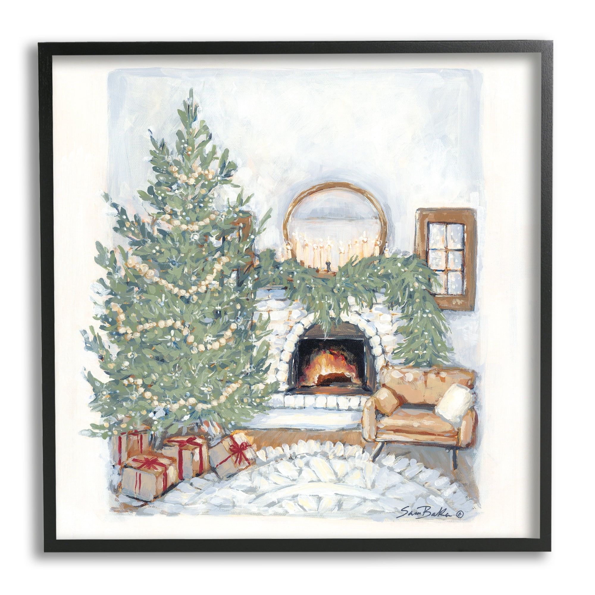 Cozy Christmas Night Gifts Decorated Fireplace Hearth Botanical & Floral Painting Framed Art Print Wall Art