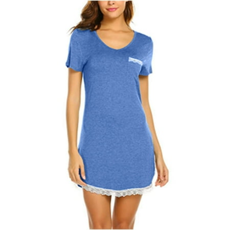 

Women s Sleep Shirt Pocket Dress V-Neck Sleeve Lace Trim Soft Nightshirt Note Please Buy One Or Two Sizes Larger