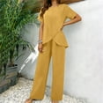 thumbnail image 5 of Two Piece Sets for Women Trendy Casual Short Sleeve Round Neck Solid Top and Elastic Waist Long Pants Sets, 5 of 9