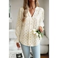 thumbnail image 3 of Geometric Print V Neck Long Sleeve Shirred Cuff Blouse for Women Beige Small, 3 of 5