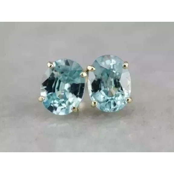 6x8 mm Oval Cut Simulated Aquamarine Screw Back Solitaire Stud Earring 14k Yellow Gold Plated Silver Gift for Her