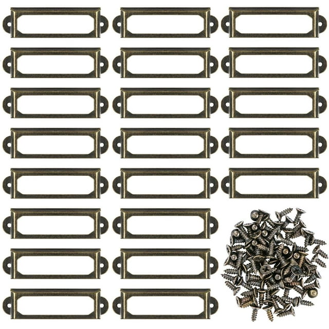50 portaetiquetas de metal con tornillos para muebles, cajones, gabinetes, tarjetas, placas de identificación para escritorio, estantería, estantes - Bronce (S-59x17mm)