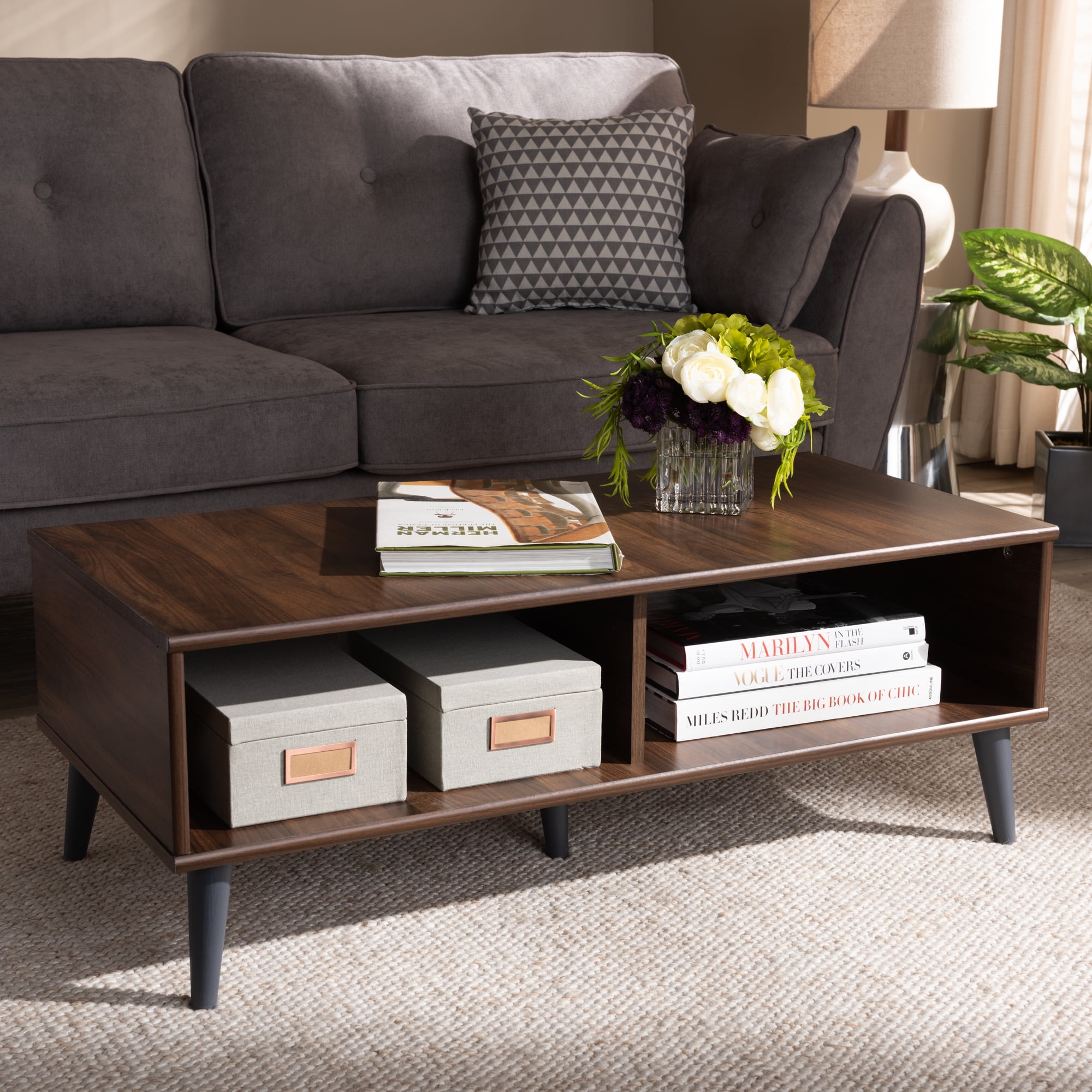 Baxton Studio Pierre Mid-Century Modern Brown and Dark Grey Finished ...