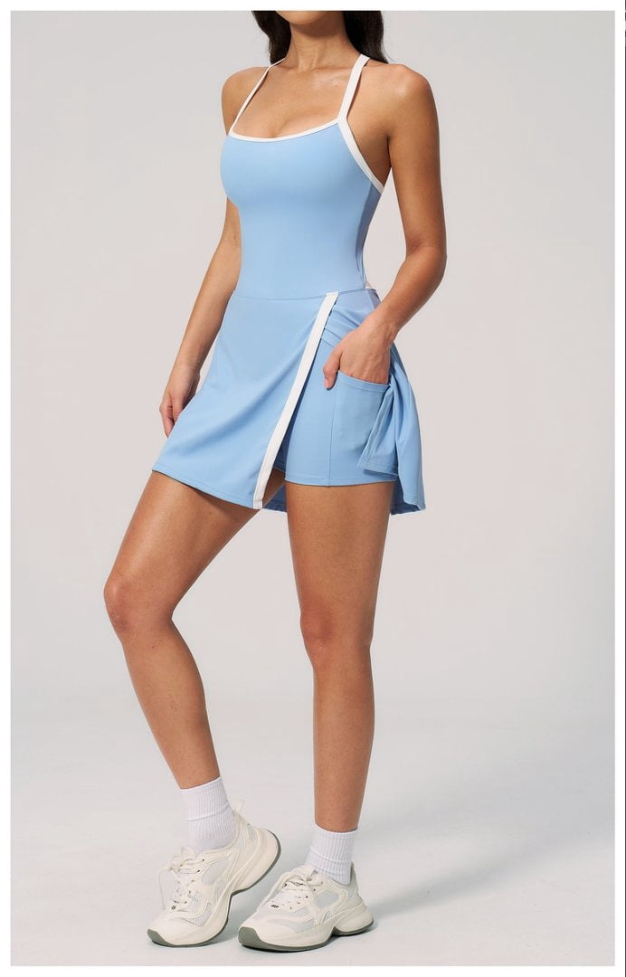 PISONIC Womens Workout Athletic Mini Dress with Built-in Shorts Sleeveless Cutout Tennis Dress