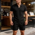 thumbnail image 2 of Men's 2 Pieces Outfits Casual Polo Shirt and Shorts Set Collar Athletic Jogging Jacquard Textured Summer Tracksuit Black, 2 of 5