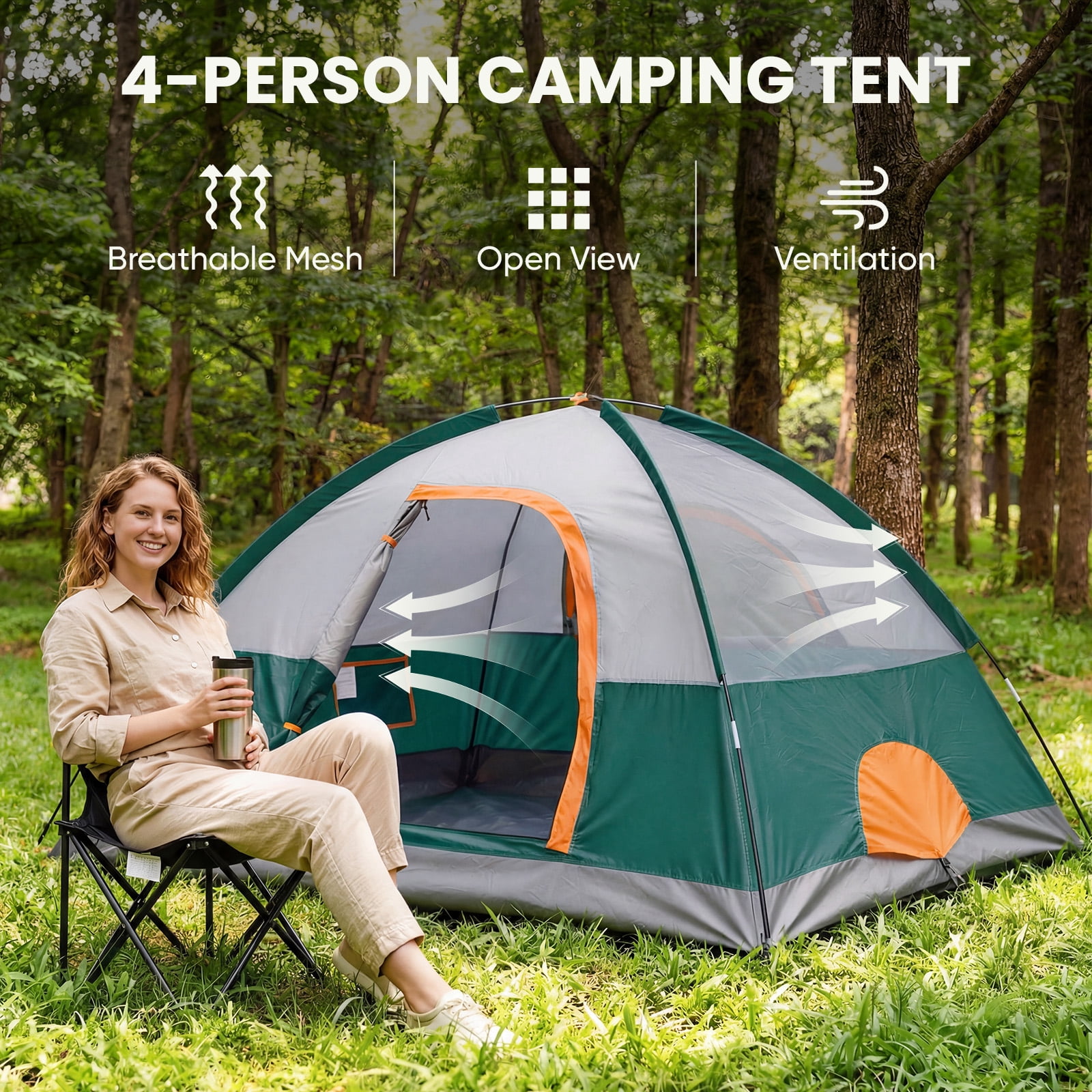 SHOUFTW 4 Person Waterproof Camping Tent with Rainfly, Easy Setup Dome Tent with Mesh Windows & Skylight Vent, Lightweight Portable Tent for Outdoor Camping, Hiking, Festivals & Backyard, Green