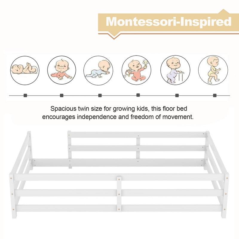 Bellemave Twin Montessori Bed with Rails, Wood Twin Size Floor Bed Frame with Fence, Low to Ground Bed Frame with Safety Guardrails - White