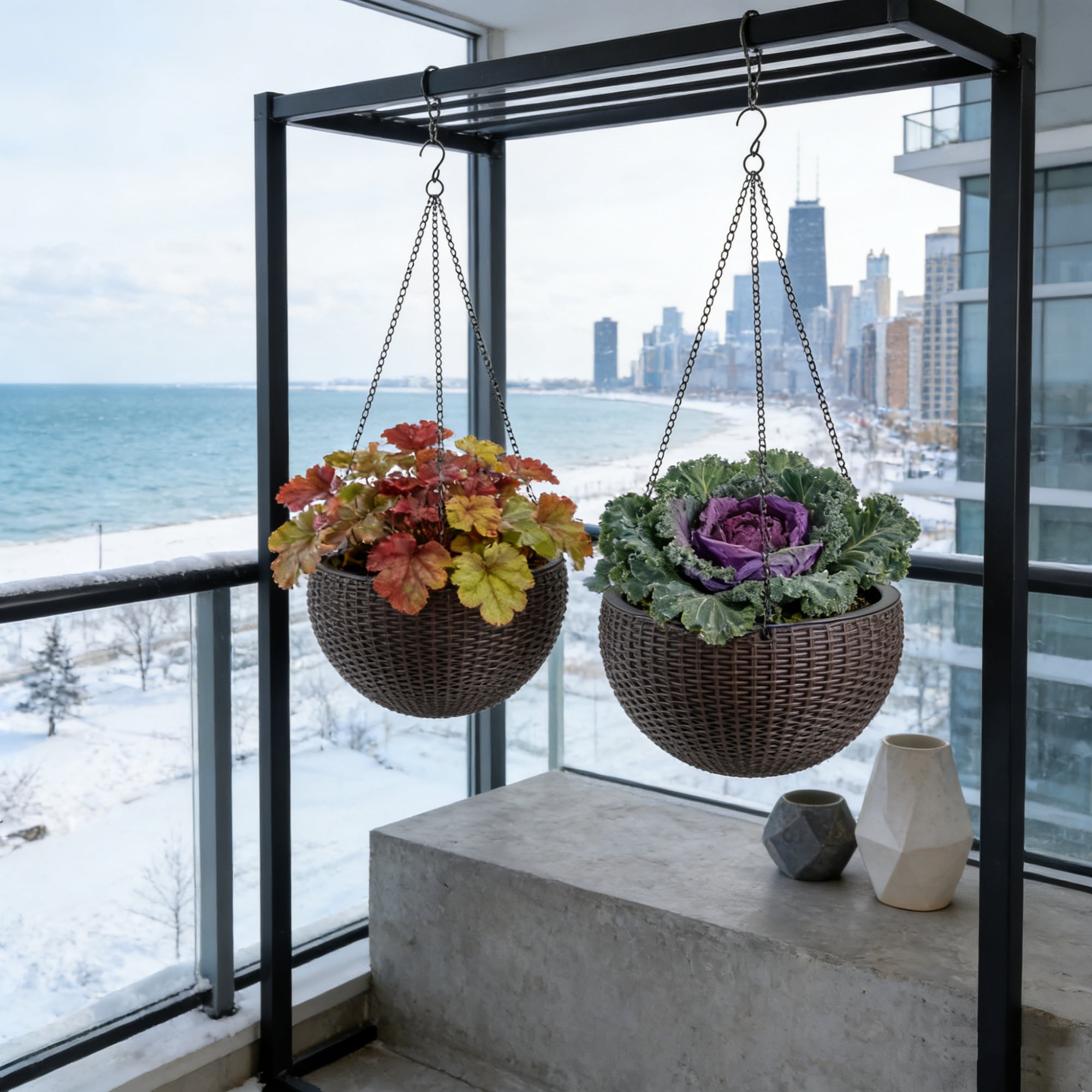 Fehomix Self-Watering Hanging Planter 13.4 Inch 2-Pack, Large Brown Rattan Plant Pots with Water Level Indicator, Root Rot Resistant for Indoor Outdoor Garden Balcony
