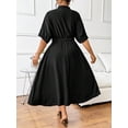 thumbnail image 2 of Black Plus Size Women Elegant Office Dress With Pleated Skirt, Elastic Waist, V-Neck And Short Sleeves, 2 of 8
