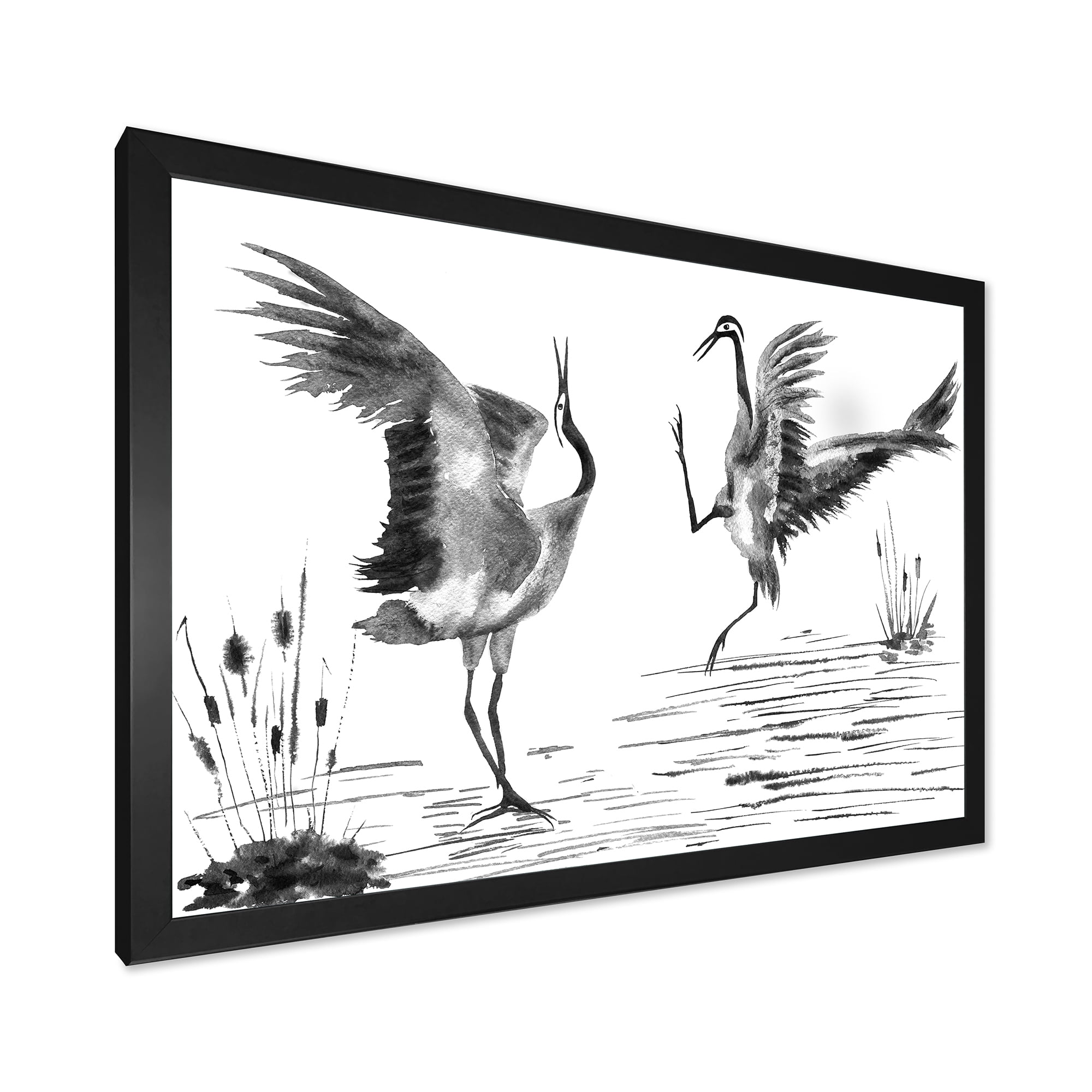 Designart 'Monochrome Two Enamored Japanese Cranes Birds' Traditional Framed Art Print