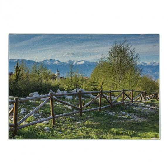 Farmland Cutting Board, Idyllic Scene with Tree Trunk Plank and Snow Mountain Range the Alps Photo, Decorative Tempered Glass Cutting and Serving Board, Small Size, Green Blue, by Ambesonne