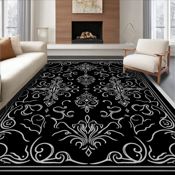 ODIKA 4'x6' Machine Washable Non-Slip Area Rug, Gothic Damask Shag with Ornate Victorian Scrollwork High Traffic Rug, Black, 594054