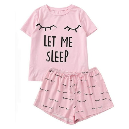 

2 Pcs Set Women Nightwear Cute Print Short Sleeve T-Shirt+Pants Trousers Pyjama Set