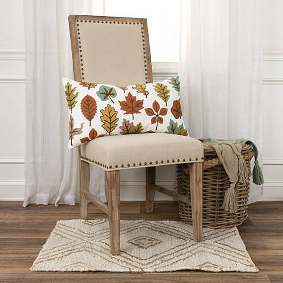 Rizzy Home Harvest Ivory/Multicolor Leaves Cotton 14"x26" Poly Filled Decorative Throw Pillow