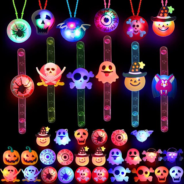 Juguetes para fiestas de Halloween para niños, 24 piezas, anillo de luz LED de Halloween, collares, pulseras, broche, juguetes de Halloween que brillan en la oscuridad, suministros para fiestas para decoraciones de Halloween, juegos de fiesta, regalo Zhivalor OTTO-ZYS-0321
