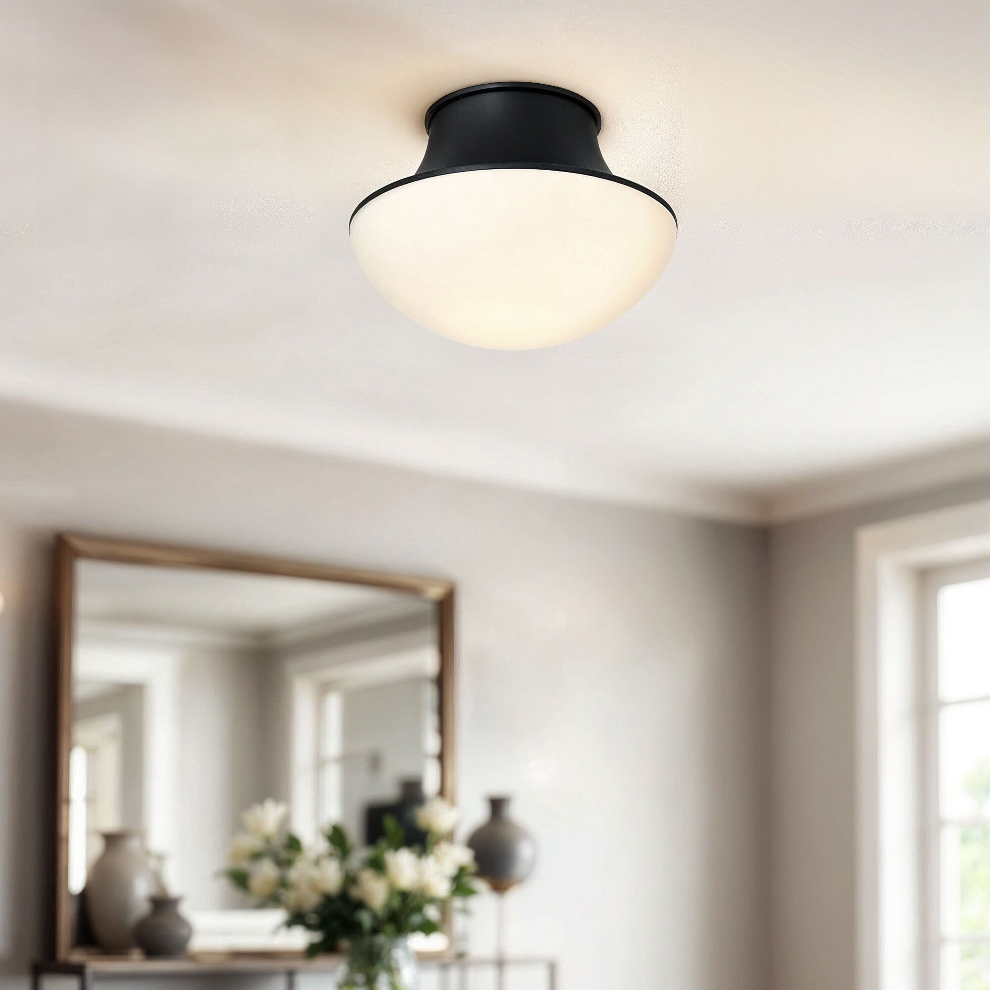 Kenroy Home Chelsea 7'' Flush Mount Ceiling Light Fixture with White Glass Bowl Shade for Entryway, Hallway, Closet, or Bedroom, Black
