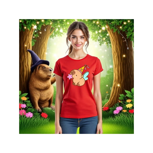 Playera CapyHada – La Capybara Más Mágica del Bosque Ropa Fashion Para Mujer Color Rojo Talla Extra Grande Marca Emil SaEs