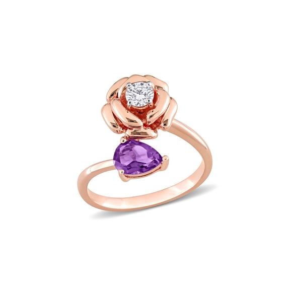 2/3 Carat (Ctw) African Amethyst Flower Ring with White Topaz in Rose Plated Sterling Silver for Women