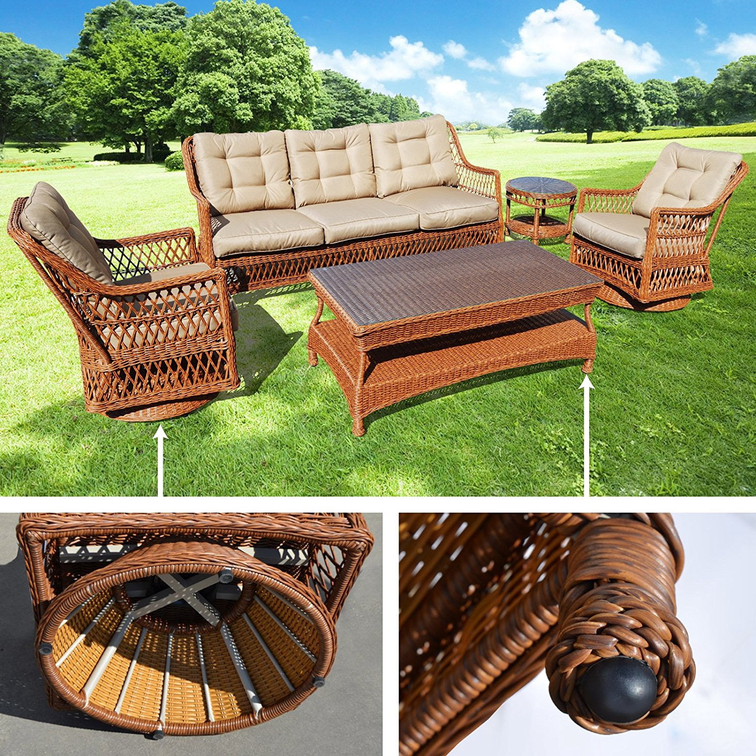 Sunny 5pc Wicker Rattan Table Chair Patio Sofa Furniture Set with Cushions Outdoor Garden W/ 3 Swivel Revolving Chairs and 2 Tables