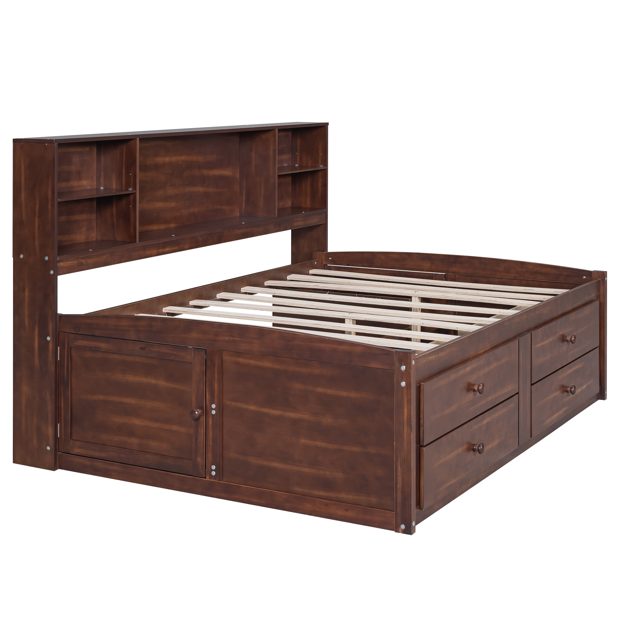 MAYEERTY Full Size Wooden Captain Bed with Built-in Storage Shelves, 4 Drawers and 2 Cabinets, Antique Brown
